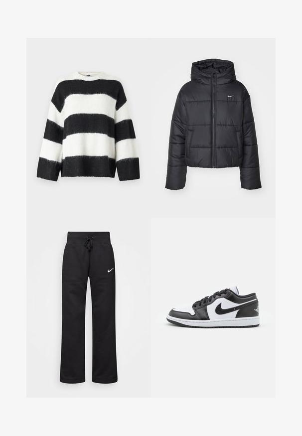 Musta puhallettava takki, joka on valmistettu nylonsesta, varustettu vetoketjukiinnityksellä, hupulla ja kahdella etutaskulla. Suunnittelussa on brodeerattuja osia ja pieni logo.; Mustavalkoraidallinen neulepaita, jossa on rento istuvuus, pyöreä pääntie ja pitkät hihat; valmistettu pehmeästä, pörröisestä materiaalista.; Mustat collegehousut, jotka on valmistettu puuvillasekoitteesta, joten niissä on kiristettävä vyötärö, suoralahkeisuus ja vasemmalla puolella valkoinen Nike-logo.; Mustat ja valkoiset Nike matalavartiset lenkkarit, joissa on sileä nahkapinta, pyöreä kärki, nauhakiristys ja kuvioitu kumipohja.