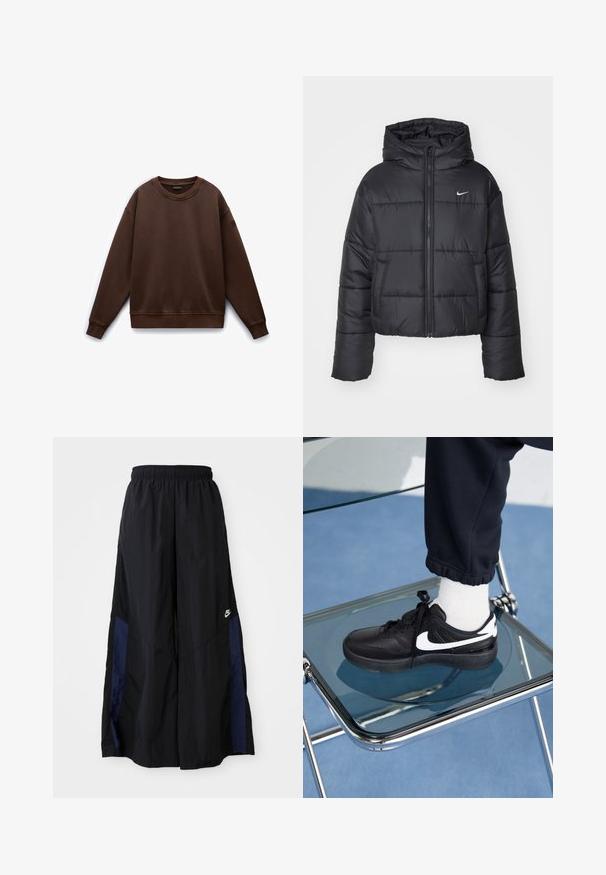 Black puffer jacket made of nylon, featuring a zip front, hood, and two front pockets. The design includes stitched sections and a small logo.; Brown crew-neck sweatshirt with long sleeves, made from a soft material. Features ribbed cuffs and hem, and a small logo on the sleeve.; Black wide-leg pants made of lightweight fabric, featuring a navy blue side panel and an elastic waistband. Small white logo on bottom.; Black Nike sneakers with white accents, featuring a smooth leather texture, lace-up design, and rounded toe, positioned on a glass chair.