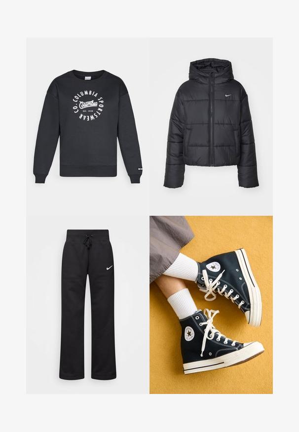 Casaco puffer preto feito de nylon, com fecho éclair à frente, capuz e dois bolsos frontais. O design inclui secções cosidas e um pequeno logo.; Sweatshirt preto com gola redonda, punhos e barra canelados. Apresenta um logótipo circular branco com o texto "Columbia Sportswear" e a data de fundação.; Calças de moletão pretas feitas de uma mistura de algodão, com um cós elástico ajustável, pernas retas e um logo da Nike branco no lado esquerdo.; Ténis de cano alto em lona pretos com atacadores brancos e solas de borracha, apresentando um logotipo redondo da Converse All Star no lado externo.
