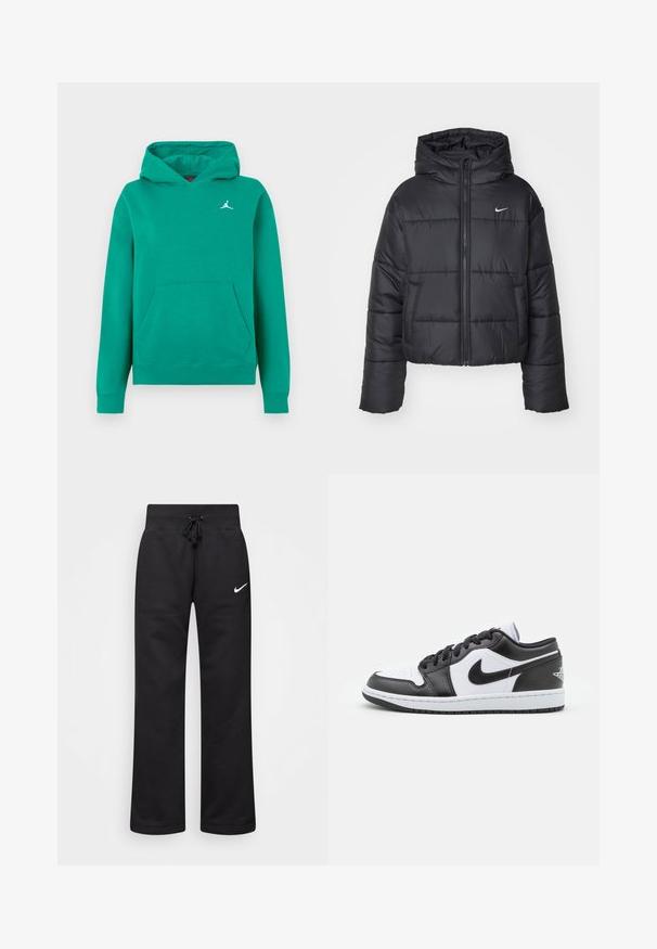 Črna pufasta jakna iz najlona, z zadrgo spredaj, kapuco in dvema sprednjima žepoma. Oblikovanje vključuje šivane dele in majhen logotip.; Zelena kapuca iz mehkega blaga, z kenguru žepom in rebrastimi manšetami. Majhna bela Jumpman ikona na prsih. Klasičen sproščen kroj.; Črne trenirke iz mešanice bombaža, z elastičnim pasom na vrvico, ravnimi nogami in belim logotipom Nike na levi strani.; Črno-bele nizke Nike superge imajo gladek usnjen zgornji del, okroglo konico, vezalni sistem in vzorčasto gumijasto podplat.