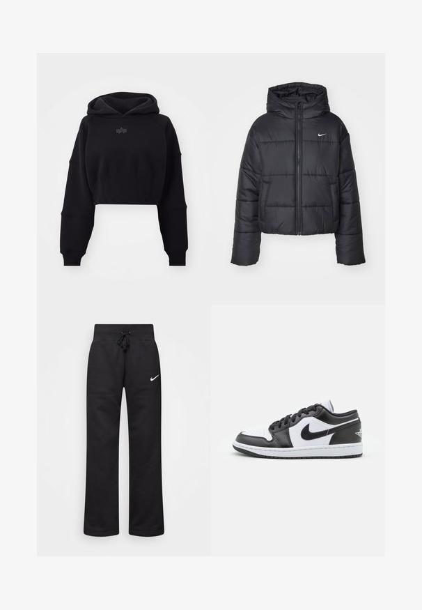 Giubbotto imbottito nero in nylon, con zip frontale, cappuccio e due tasche frontali. Il design presenta sezioni cucite e un piccolo logo.; Felpa nera accorciata in tessuto morbido, con vita a coste, maniche oversize e un sottile logo centrato sul petto.; Pantaloni sportivi neri realizzati in misto cotone, con vita elasticizzata regolabile, gambe dritte e logo bianco Nike sul lato sinistro.; Le sneaker Nike a basso profilo in bianco e nero presentano una tomaia in pelle liscia, punta rotonda, chiusura con lacci e una suola in gomma con un motivo.