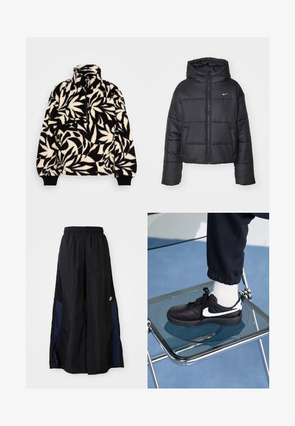 Giubbotto imbottito nero in nylon, con zip frontale, cappuccio e due tasche frontali. Il design presenta sezioni cucite e un piccolo logo.; Pullover in pile nero e crema con colletto alto, zip a metà e motivo a foglia. I polsini sono dotati di bande elastiche nere per una vestibilità aderente.; Pantaloni neri a gamba larga realizzati in tessuto leggero, con un pannello laterale blu navy e una cintura elastica. Piccolo logo bianco sul fondo.; Sneakers Nike neri con accenti bianchi, caratterizzati da una superficie in pelle liscia, design con lacci e punta rotonda, posizionati su una sedia di vetro.