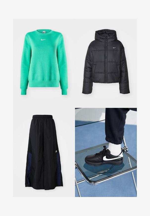 Černá péřová bunda vyrobená z nylonu, s předním zipem, kapucí a dvěma předními kapsami. Design zahrnuje prošívané části a malé logo.; Zelená mikina vyrobená z měkké tkaniny, s kulatým výstřihem, dlouhými rukávy a malým bílým logem na hrudi. Jednoduchý design, bez vzorů.; Černé kalhoty širokého střihu vyrobené z lehkého materiálu, s námořnickou modrou bočním panelem a elastickým pasem. Malé bílé logo na spodní části.; Černé tenisky Nike s bílými akcenty, s hladkou koženou texturou, šněrovacím designem a zaoblenou špičkou, umístěné na skleněné židli.