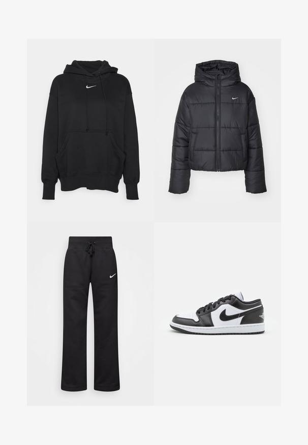 Casaco puffer preto feito de nylon, com fecho éclair à frente, capuz e dois bolsos frontais. O design inclui secções cosidas e um pequeno logo.; Sweatshirt preto com capucho, feito de tecido suave, apresentando um bolso canguru na frente, punhos canelados e um pequeno logo branco da Nike no peito.; Calças de moletão pretas feitas de uma mistura de algodão, com um cós elástico ajustável, pernas retas e um logo da Nike branco no lado esquerdo.; As sapatilhas Nike de cano baixo, em preto e branco, apresentam um cabedal em couro liso, bico redondo, fecho com atacadores e uma sola de borracha com padrão.