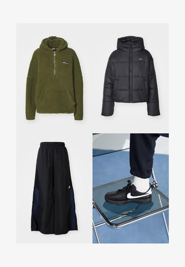 Schwarze Pufferjacke aus Nylon, mit durchgehendem Reißverschluss, Kapuze und zwei Fronttaschen. Das Design umfasst gestickte Abschnitte und ein kleines Logo.; Ellesse ZEPPY - Kapuzenpullover - khaki; Schwarze weit geschnittene Hose aus leichtem Stoff, mit einem dunkelblauen Seitenpanel und einem elastischen Bund. Kleines weißes Logo am unteren Ende.; Schwarze Nike-Sneaker mit weißen Akzenten, die über eine glatte Ledertextur, ein Schnürdesign und eine abgerundete Zehenform verfügen, platziert auf einem Glasstuhl.