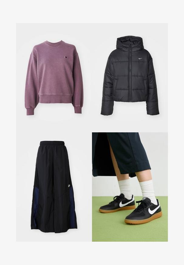 Chaqueta de plumas negra hecha de nailon, con cierre de cremallera frontal, capucha y dos bolsillos delanteros. El diseño incluye secciones cosidas y un pequeño logotipo.; Sudadera de cuello redondo morada con puños y dobladillo acanalados, que presenta un pequeño parche cuadrado con el logo de Carhartt en el lado izquierdo del pecho.; Pantalones de pierna ancha negros, confeccionados en una tela ligera, con un panel lateral azul marino y una cinturilla elástica. Logotipo blanco pequeño en la parte inferior.; Zapatillas de cuero negro y sintético con el swoosh blanco de Nike, suela de goma, punta redonda y cordones negros. Calcetines blancos acanalados visibles.