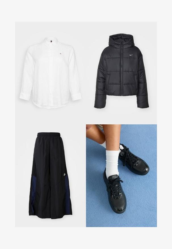 Sort pufferjakke lavet af nylon, med lynlåslukning foran, hætte og to forlommer. Designet inkluderer syede sektioner og et lille logo.; Tommy Hilfiger Curve RELAXED SHIRT - Skjortebluser - optic white; Sorte vide benbukser lavet af letvægtsstof, med et marineblåt sidepanel og en elastisk talje. Lille hvidt logo nederst.; Sorte Nike sneakers har en struktureret overdel, blanke detaljer og runde snørebånd. De er parret med hvide ribbede sokker på en lyseblå overflade.