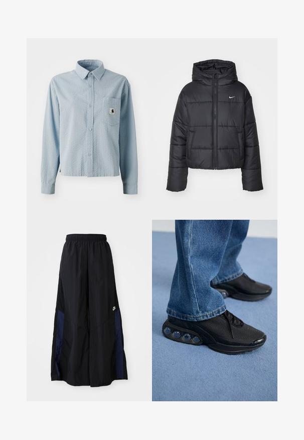 Zwarte pufferjack van nylon, met een rits aan de voorkant, een capuchon en twee vo pockets. Het ontwerp heeft gestikte secties en een klein logo.; Lichtblauwe, lange mouw, button-up shirt met een gestructureerd patroon, een borstzak en een merklabel op de zak. Gemaakt van geweven stof.; Zwarte wijdlopende broek van lichtgewicht stof, met een marineblauwe zijpaneel en een elastische tailleband. Klein wit logo onderaan.; Zwarte sportieve sneakers met een bovenwerk van mesh, gestructureerde accenten en zichtbare luchtkussentjes in de zool. Gedragen met blauwe denim jeans.