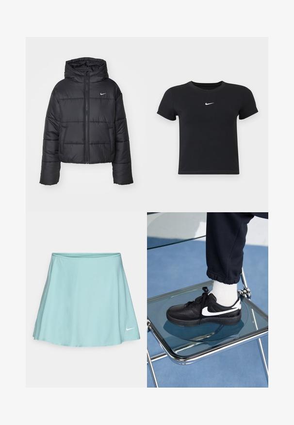 Jachetă puffer neagră din nailon, cu fermoar în față, glugă și două buzunare frontale. Designul include secțiuni cusute și un mic logo.; Tricou negru cu mânecă scurtă, din bumbac, cu decolteu rotund. Prezintă un logo alb Nike pe piept, design minimalist și croială ajustată.; Fustă sport de culoare bleu deschis, cu un design evazat, realizată dintr-un material moale. Prezintă un logo alb Nike în partea dreaptă jos.; Adidași negri Nike cu accente albe, cu o textură de piele netedă, design cu șireturi și vârf rotunjit, așezați pe un scaun din sticlă.