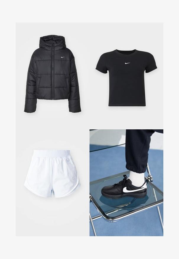 Musta puhallettava takki, joka on valmistettu nylonsesta, varustettu vetoketjukiinnityksellä, hupulla ja kahdella etutaskulla. Suunnittelussa on brodeerattuja osia ja pieni logo.; Mustat lyhyet hihattomat t-paidat, jotka on valmistettu puuvillasta ja joissa on pyöreä pääntie. Sisältää valkoisen Nike-logon rinnassa, yksinkertainen muotoilu ja kapea leikkaus.; Vaaleansiniset urheilushortsit, joissa on ribbireunus vyötäröllä, kaareva helma ja valkoiset sivuvaatteet. Valmistettu pehmeästä ja kevyestä materiaalista.; Mustat Nike-tennarit valkoisilla yksityiskohdilla, joissa on sileä nahkapinta, nauhakiinnitys ja pyöreä varvas, aseteltuna lasituolille.