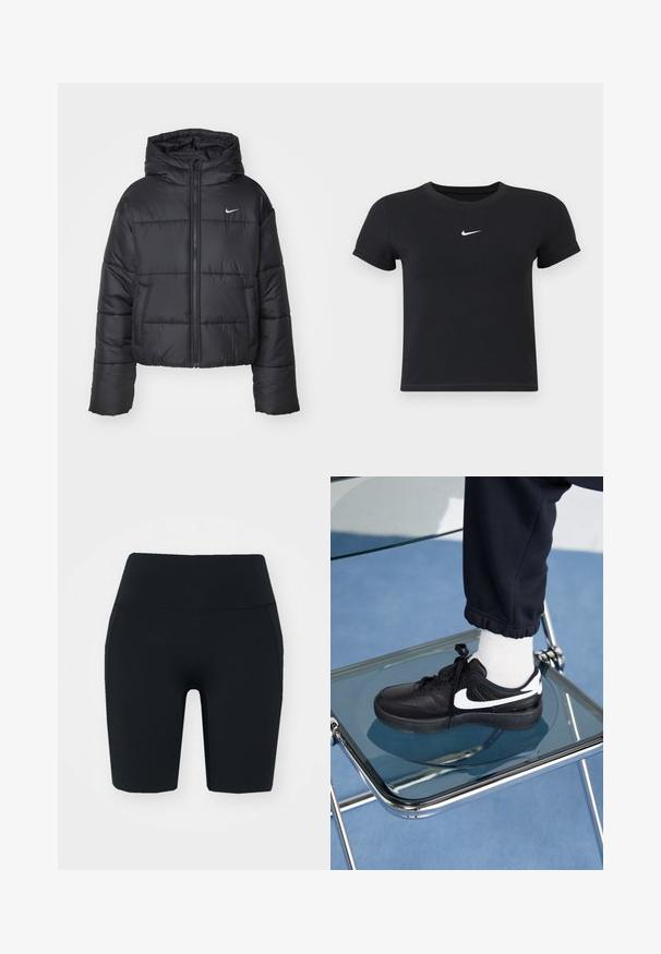 Sort pufferjakke lavet af nylon, med lynlåslukning foran, hætte og to forlommer. Designet inkluderer syede sektioner og et lille logo.; Sort kortærmet t-shirt lavet af bomuld med rund hals. Har et hvidt Nike-logo på brystet, minimalistisk design og tætsiddende pasform.; Sorte højtaljede cykelshorts lavet af strækbart stof med en glat overflade, der har sidelommer og en tætsiddende design.; Sorte Nike sneakers med hvide detaljer, der har en glat læderoverflade, snørebånd og rund tå, placeret på en glasstol.