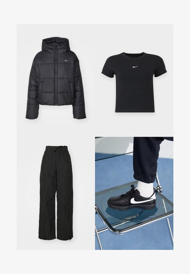 Zwarte pufferjack van nylon, met een rits aan de voorkant, een capuchon en twee vo pockets. Het ontwerp heeft gestikte secties en een klein logo.; Zwarte katoenen t-shirt met korte mouwen en ronde hals. Voorzien van een wit Nike-logo op de borst, minimalistisch ontwerp en een aansluitende pasvorm.; Zwarte, wijde broek met een lichtgewicht, gestructureerde stof. Voorzien van een elastische tailleband, trekkoorddetail en ritsopeningen bij de enkels.; Zwarte Nike sneakers met witte accenten, met een gladde leren textuur, vetersluiting en ronde neus, geplaatst op een glazen stoel.