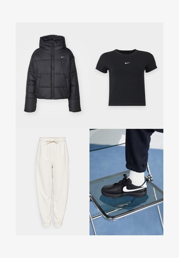 Black puffer jacket made of nylon, featuring a zip front, hood, and two front pockets. The design includes stitched sections and a small logo.; Black short-sleeve t-shirt made of cotton with a round neckline. Features a white Nike logo on the chest, minimalistic design, and fitted shape.; White sweatpants with an elastic waistband and adjustable drawstring. Tapered leg design, soft texture, simple silhouette, and minimal branding.; Black Nike sneakers with white accents, featuring a smooth leather texture, lace-up design, and rounded toe, positioned on a glass chair.