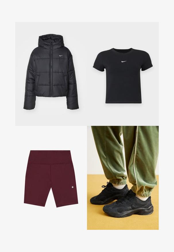 Chaqueta de plumas negra hecha de nailon, con cierre de cremallera frontal, capucha y dos bolsillos delanteros. El diseño incluye secciones cosidas y un pequeño logotipo.; Camiseta negra de manga corta hecha de algodón con un cuello redondo. Presenta un logo blanco de Nike en el pecho, diseño minimalista y forma ajustada.; Pantalones cortos deportivos burdeos con una textura suave, que cuentan con una cinturilla ancha y un sutil detalle del logo cerca del dobladillo. Diseño de longitud media en los muslos.; Zapatillas deportivas negras con superposiciones de malla y sintético, suela texturizada, combinadas con pantalones de chándal verdes con puños elásticos, sobre una superficie amarilla.
