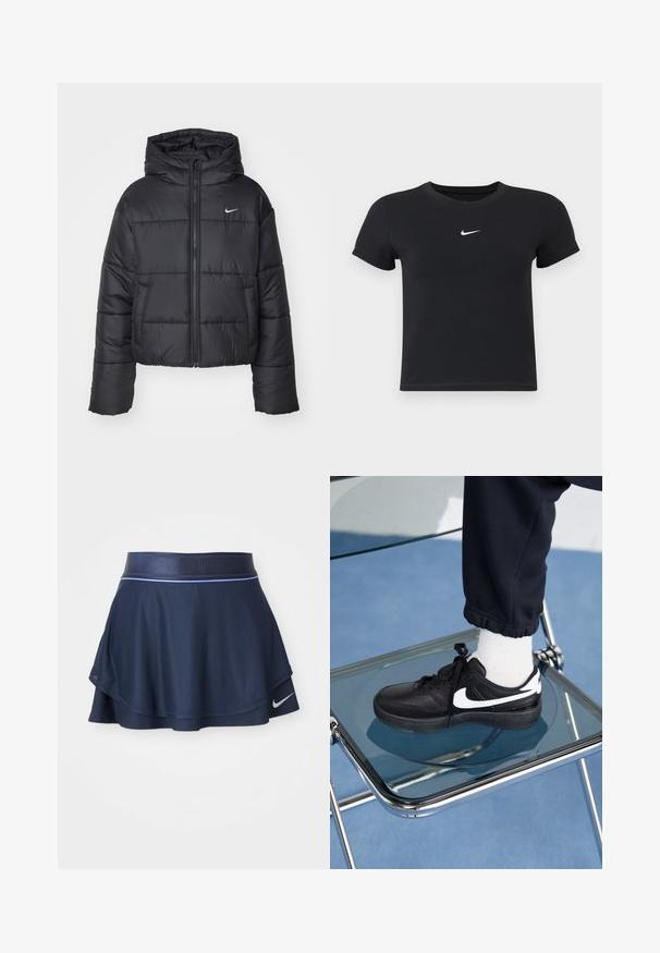 Musta puhallettava takki, joka on valmistettu nylonsesta, varustettu vetoketjukiinnityksellä, hupulla ja kahdella etutaskulla. Suunnittelussa on brodeerattuja osia ja pieni logo.; Mustat lyhyet hihattomat t-paidat, jotka on valmistettu puuvillasta ja joissa on pyöreä pääntie. Sisältää valkoisen Nike-logon rinnassa, yksinkertainen muotoilu ja kapea leikkaus.; Urheilu hame tummansinisestä ribbikankaasta, jossa on levenevä muotoilu, leveä vyötärö ja valkoinen Nike-logo helmassa.; Mustat Nike-tennarit valkoisilla yksityiskohdilla, joissa on sileä nahkapinta, nauhakiinnitys ja pyöreä varvas, aseteltuna lasituolille.