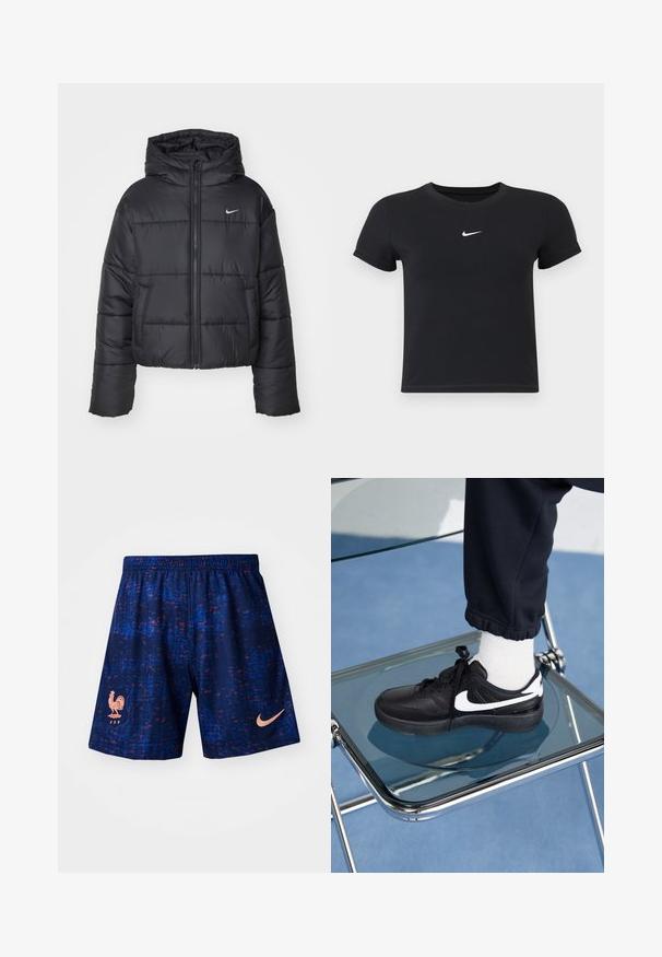 Chaqueta de plumas negra hecha de nailon, con cierre de cremallera frontal, capucha y dos bolsillos delanteros. El diseño incluye secciones cosidas y un pequeño logotipo.; Camiseta negra de manga corta hecha de algodón con un cuello redondo. Presenta un logo blanco de Nike en el pecho, diseño minimalista y forma ajustada.; Shorts deportivos de Nike en color navy con un patrón moteado en rojo y azul, con un logo de gallo rosa y un swoosh rosa de Nike en el lateral.; Zapatillas Nike negras con acentos blancos, con una textura de cuero suave, diseño de cordones y punta redondeada, colocadas sobre una silla de cristal.
