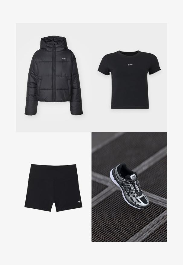 Black puffer jacket made of nylon, featuring a zip front, hood, and two front pockets. The design includes stitched sections and a small logo.; Black short-sleeve t-shirt made of cotton with a round neckline. Features a white Nike logo on the chest, minimalistic design, and fitted shape.; Black athletic shorts made from stretchy fabric with a flat waistband and a small logo on the bottom right corner. Smooth texture, no patterns.; Nike running shoe featuring a black and silver color scheme, mesh upper, textured sole, and lacing system for secure fit.