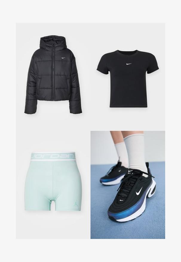 Jachetă puffer neagră din nailon, cu fermoar în față, glugă și două buzunare frontale. Designul include secțiuni cusute și un mic logo.; Tricou negru cu mânecă scurtă, din bumbac, cu decolteu rotund. Prezintă un logo alb Nike pe piept, design minimalist și croială ajustată.; Pantaloni scurți atletici de culoare verde mentă deschis, realizați dintr-un material elastic, cu un logo alb Jordan și un tiv elastic pe care este inscriptionat textul "JORDAN".; Adidași negri Nike cu un material superior neted, având un design în gradient de la albastru la negru, talpă albă și accente logo proeminente.