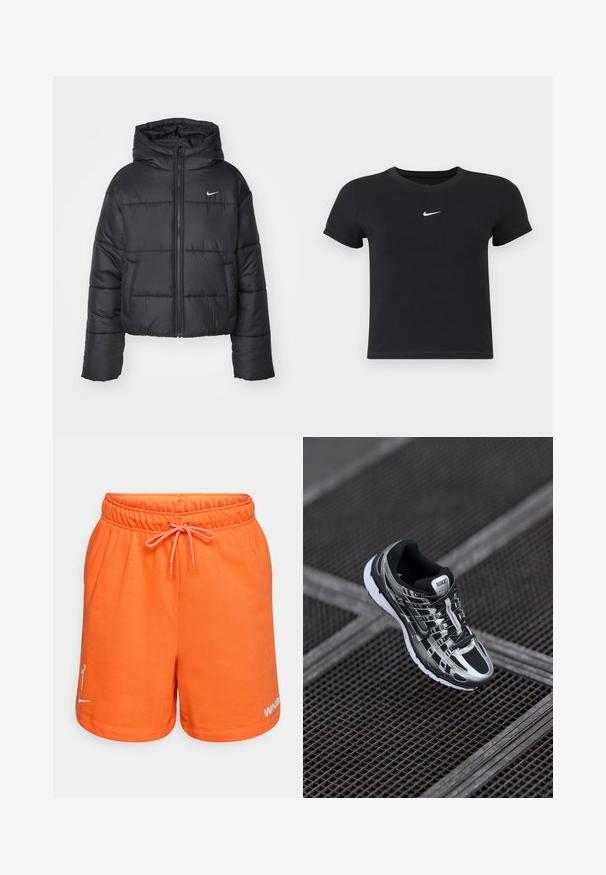 Čierna prešívaná bunda vyrobená z nylonu, s predným zipsom, kapucňou a dvoma prednými vreckami. Dizajn obsahuje prešité časti a malé logo.; Čierne tričko s krátkym rukávom vyrobené z bavlny s okrúhlym výstrihom. Obsahuje biele logo Nike na hrudi, minimalistický dizajn a priliehavý strih.; Oranžové bavlnené šortky s elastickým pásom a šnúrkou na stiahnutie. Na ľavej nohe majú logo v bielej farbe. Hladká textúra a neformálny dizajn.; Bežecká obuv Nike s čierno-striebornou farebnou schémou, sieťovinovým zvrškom, štruktúrovanou podrážkou a systémom šnurovania pre bezpečné uchytenie.