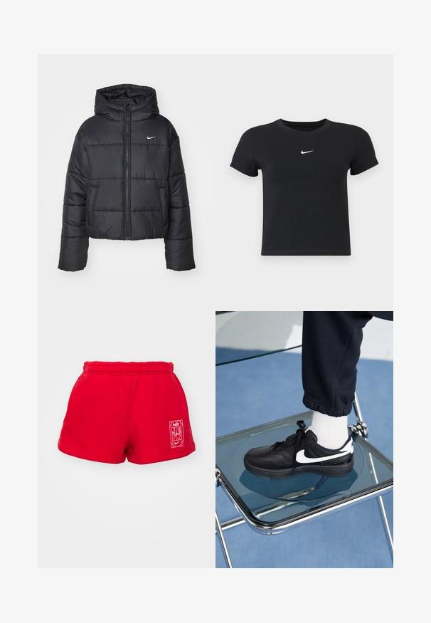 Svart puffjacka i nylon, med dragkedja fram, huva och två framfickor. Designen inkluderar stickade sektioner och en liten logotyp.; Svart kortärmad t-shirt i bomull med rund halsringning. Har en vit Nike-logotyp på bröstet, minimalistisk design och figurnära passform.; Röda sportshorts i mjukt tyg, med elastisk midja och sidofickor. En vit logotyp är synlig på vänster ben.; Svarta Nike-sneakers med vita detaljer, med en slät läderstruktur, snörningsdesign och rund tå, placerade på en glasstol.