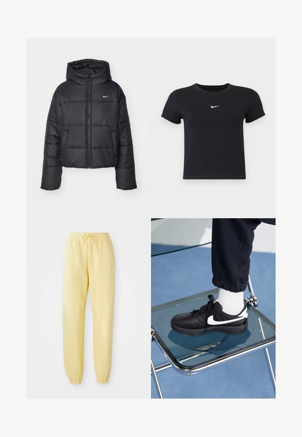 Svart puffjacka i nylon, med dragkedja fram, huva och två framfickor. Designen inkluderar stickade sektioner och en liten logotyp.; Svart kortärmad t-shirt i bomull med rund halsringning. Har en vit Nike-logotyp på bröstet, minimalistisk design och figurnära passform.; Gula sweatpants med elastiskt midjeband och dragsko. Har en vit logotyp på vänster sida och elastiska manchetter vid anklarna.; Svarta Nike-sneakers med vita detaljer, med en slät läderstruktur, snörningsdesign och rund tå, placerade på en glasstol.