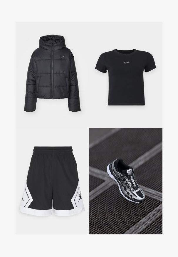 Svart puffjacka i nylon, med dragkedja fram, huva och två framfickor. Designen inkluderar stickade sektioner och en liten logotyp.; Svart kortärmad t-shirt i bomull med rund halsringning. Har en vit Nike-logotyp på bröstet, minimalistisk design och figurnära passform.; Svarta atletiska shorts gjorda av andningsbart material, med vita detaljer och en svart logotyp på sidan, med ett elastiskt midjeband för komfort.; Nike löparskor med en svart och silver färgsättning, mesh-överdel, strukturerad sula och snörningssystem för en säker passform.