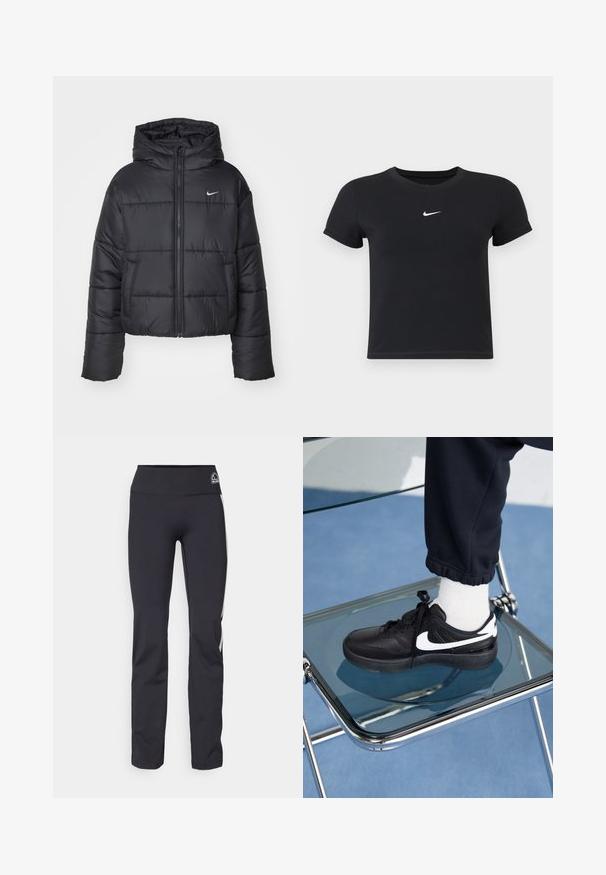 Musta puhallettava takki, joka on valmistettu nylonsesta, varustettu vetoketjukiinnityksellä, hupulla ja kahdella etutaskulla. Suunnittelussa on brodeerattuja osia ja pieni logo.; Mustat lyhyet hihattomat t-paidat, jotka on valmistettu puuvillasta ja joissa on pyöreä pääntie. Sisältää valkoisen Nike-logon rinnassa, yksinkertainen muotoilu ja kapea leikkaus.; Mustat venyvät kangashousut korkealla vyötäröllä, joissa on hillitty logo ja kontrastiväriset sivu-urat. Sujuva pinta, räätälöity istuvuus.; Mustat Nike-tennarit valkoisilla yksityiskohdilla, joissa on sileä nahkapinta, nauhakiinnitys ja pyöreä varvas, aseteltuna lasituolille.