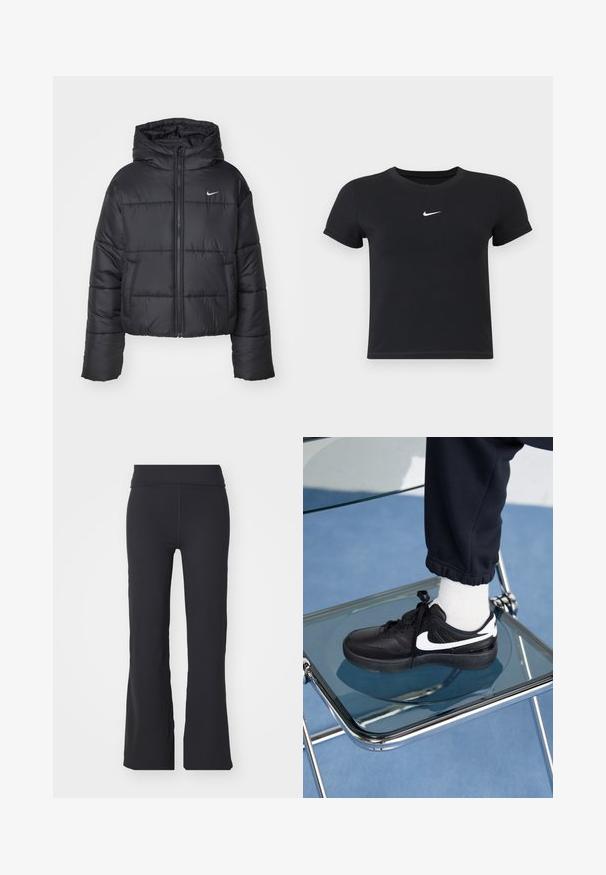 Chaqueta de plumas negra hecha de nailon, con cierre de cremallera frontal, capucha y dos bolsillos delanteros. El diseño incluye secciones cosidas y un pequeño logotipo.; Camiseta negra de manga corta hecha de algodón con un cuello redondo. Presenta un logo blanco de Nike en el pecho, diseño minimalista y forma ajustada.; Pantalones negros acampanados hechos de una tela elástica con una cintura alta. Presentan líneas limpias y una textura suave, adecuados para un uso casual.; Zapatillas Nike negras con acentos blancos, con una textura de cuero suave, diseño de cordones y punta redondeada, colocadas sobre una silla de cristal.