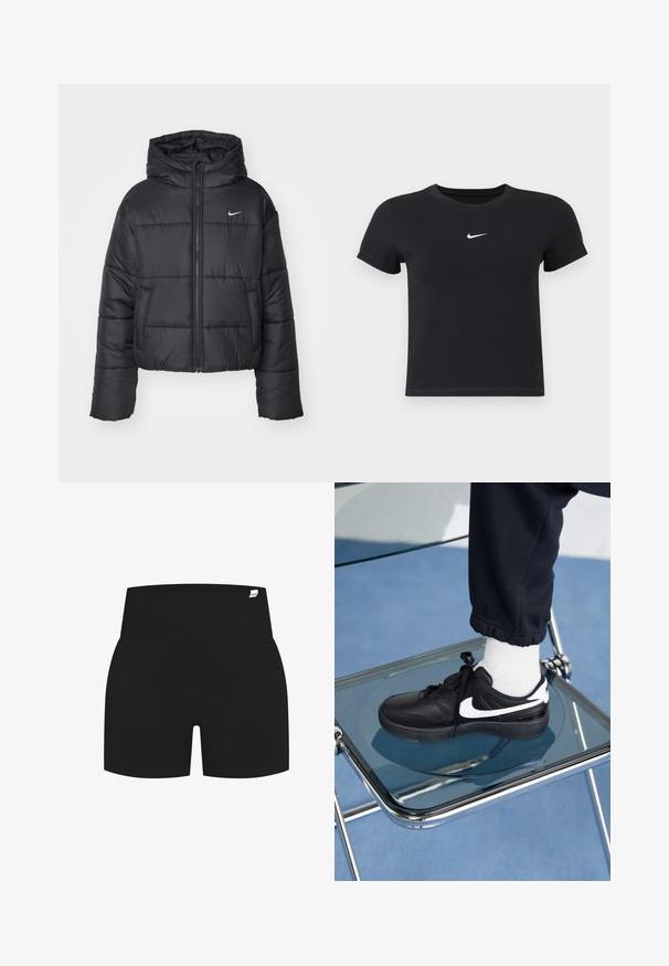 Sort pufferjakke lavet af nylon, med lynlåslukning foran, hætte og to forlommer. Designet inkluderer syede sektioner og et lille logo.; Sort kortærmet t-shirt lavet af bomuld med rund hals. Har et hvidt Nike-logo på brystet, minimalistisk design og tætsiddende pasform.; Sorte atletiske shorts med en bred ribbet talje, der har en glat overflade uden synlige mønstre eller hardware-detaljer.; Sorte Nike sneakers med hvide detaljer, der har en glat læderoverflade, snørebånd og rund tå, placeret på en glasstol.