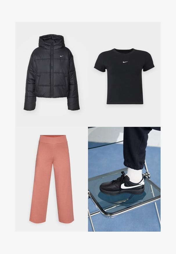 Schwarze Pufferjacke aus Nylon, mit durchgehendem Reißverschluss, Kapuze und zwei Fronttaschen. Das Design umfasst gestickte Abschnitte und ein kleines Logo.; Schwarzes T-Shirt mit kurzen Ärmeln aus Baumwolle und rundem Ausschnitt. Es hat ein weißes Nike-Logo auf der Brust, ein minimalistisches Design und eine taillierte Form.; Yogasearcher RAVANA FLOWY PANTS - Jogginghose - cedar; Schwarze Nike-Sneaker mit weißen Akzenten, die über eine glatte Ledertextur, ein Schnürdesign und eine abgerundete Zehenform verfügen, platziert auf einem Glasstuhl.