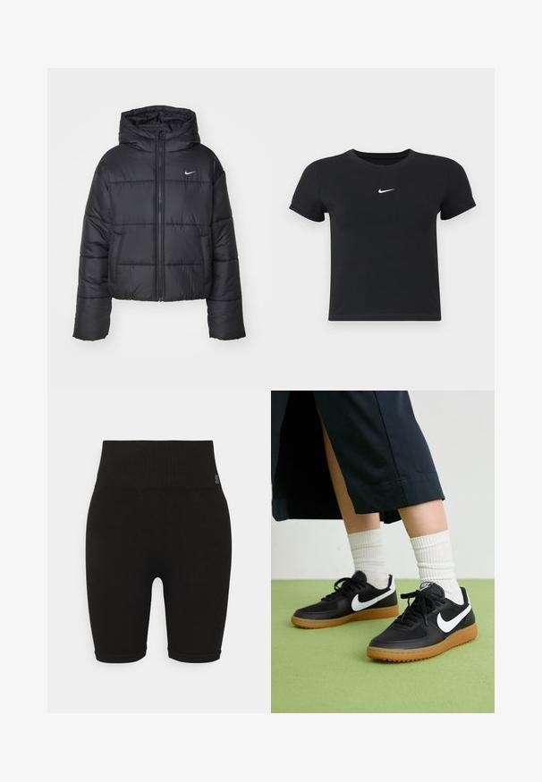 Juodas pūkinis švarkas, pagamintas iš nailono, su užtrauktuku šone, gobtuvu ir dviem priekiniais kišenėmis. Dizainas apima siūtas dalis ir mažą logotipą.; Juodas trumpas rankoves marškinėliai, pagaminti iš medvilnės, su apvaliu kaklu. Pasižymi balta Nike logotipu ant krūtinės, minimalistišku dizainu ir prigludusia forma.; Juodi šonai raštuoti trikotažo šortai su elastinga juosmena, pasižymi prigludusia forma ir lygiu paviršiumi. Nėra matomų logotipų ar raštų.; Juodos odinės ir sintetinių medžiagų sportbačiai su balta Nike swoosh, guminis padas, apvalus pirštas ir juodi raišteliai. Matomos banguotos baltos kojinės.