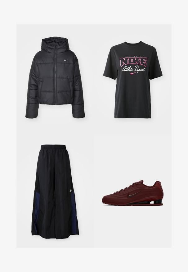 Black puffer jacket made of nylon, featuring a zip front, hood, and two front pockets. The design includes stitched sections and a small logo.; Black cotton T-shirt featuring a graphic print in pink and white with the text "JUST DO IT," "NIKE," and "Athletic Depart." Standard fit.; Black wide-leg pants made of lightweight fabric, featuring a navy blue side panel and an elastic waistband. Small white logo on bottom.; Maroon Nike sneaker with black sole accents, laces, and swoosh logo, shown in side profile on white background.