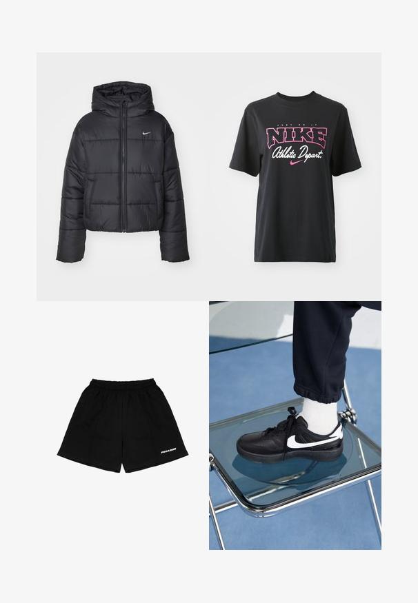 Giubbotto imbottito nero in nylon, con zip frontale, cappuccio e due tasche frontali. Il design presenta sezioni cucite e un piccolo logo.; T-shirt in cotone nero con stampa grafica in rosa e bianco con il testo "JUST DO IT", "NIKE" e "Athletic Depart." Vestibilità standard.; Shorts neri in cotone, con cintura elastica, tasche laterali e stampa del logo bianco "PEGADOR" sul davanti.; Sneakers Nike neri con accenti bianchi, caratterizzati da una superficie in pelle liscia, design con lacci e punta rotonda, posizionati su una sedia di vetro.
