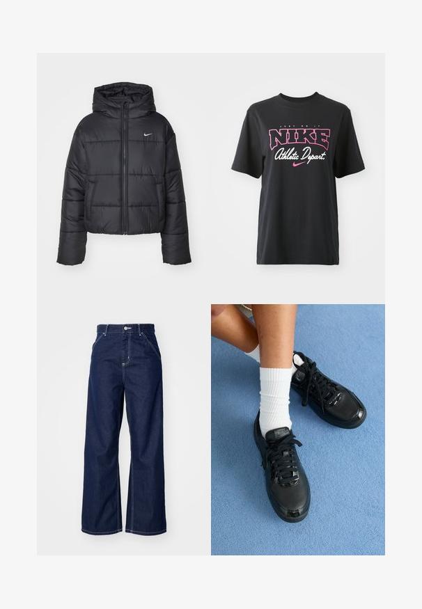 Fekete pehelydzseki, amely nejlonból készült, elöl cipzárral, kapucnival és két elülső zsebbel rendelkezik. A dizájnja varrott részeket és egy kis logót tartalmaz.; Fekete pamut póló, rózsaszín és fehér grafikai nyomattal, rajta a "JUST DO IT", "NIKE" és "Athletic Depart" feliratokkal. Szabványos fazon.; Sötétkék farmer széles szárú nadrág, magas derékkal, kontrasztos fehér varrással és klasszikus öt zsebes kialakítással.; Fekete Nike sportcipők textúrázott felsőrésszel, fényes részletekkel és kerek fűzőkkel rendelkeznek. Ezek fehér bordázott zoknikkal vannak párosítva egy világos kék felületen.