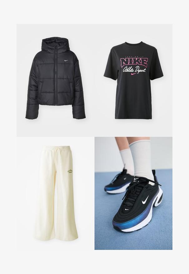 Melnā pūkainā jaka, kas izgatavota no neilona, ar rāvējslēdzēja priekšpusi, kapuci un divām priekšējām kabatām. Dizainā ietilpst šuvju sekcijas un mazs logotips.; Melnas kokvilnas T-krekls ar rozā un baltu grafisko printu, kurā ir teksts "TIKAI DARĪT", "NIKE" un "Sporta nodaļa". Standarta piegriezums.; Krēmkrāsas platās sporta bikses ar elastīgu jostu un regulējamu auklu. Uz priekšpuses izšūts zaļš uzraksts "Athletic". Mīksts audums.; Melnie Nike sporta apavi ar gludu auduma virsmu, argradienta zilu uz melnu dizainu, balta zole un izteiksmīgi logotipa akcenti.