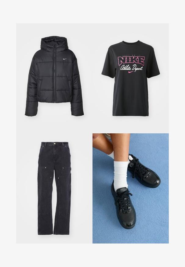 Crna puf jakna izrađena od najlona, s patentnim zatvaračem sprijeda, kapuljačom i dva prednja džepa. Dizajn uključuje šivene dijelove i mali logo.; Crna pamučna majica s grafičkim printom u ružičastoj i bijeloj boji s tekstom "SIMPLE DO IT", "NIKE" i "Atletski Odjel". Standardna veličina.; Carhartt WIP NASHUA DOUBLE KNEE PANT - Traperice opuštenog kroja - black; Crne Nike tenisice imaju teksturiranu gornji dio, sjajne naglaske i okrugle vezice. Uparene su s bijelim rebrastim čarapama na svijetloplavoj površini.