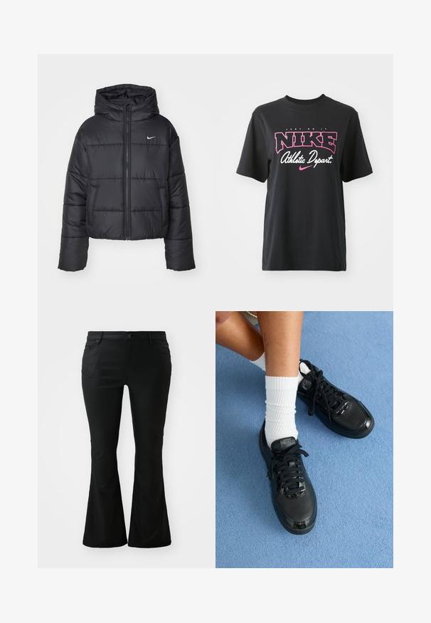 Melnā pūkainā jaka, kas izgatavota no neilona, ar rāvējslēdzēja priekšpusi, kapuci un divām priekšējām kabatām. Dizainā ietilpst šuvju sekcijas un mazs logotips.; Melnas kokvilnas T-krekls ar rozā un baltu grafisko printu, kurā ir teksts "TIKAI DARĪT", "NIKE" un "Sporta nodaļa". Standarta piegriezums.; Melni platie bikses, izgatavotas no gludas auduma. Funkcijas priekšējie kabatas, pogu jostasvietā un pielāgota josta, kas paplašinās uz platām kājām.; Melni Nike sporta apavi ar teksturētu virsmu, spīdīgām akcentiem un noapaļotām mežģīnēm. Tie ir apģērbi ar baltām ribotām zeķēm uz gaiši zila fona.