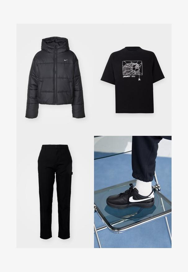 Schwarze Pufferjacke aus Nylon, mit durchgehendem Reißverschluss, Kapuze und zwei Fronttaschen. Das Design umfasst gestickte Abschnitte und ein kleines Logo.; Schwarzes T-Shirt aus Baumwolle mit kurzen Ärmeln. Mit einem weißen Spinnennetz-Graphic und Logo auf der Vorderseite. Einfacher runder Ausschnitt.; Carhartt WIP PIERCE PANT - Stoffhose - black; Schwarze Nike-Sneaker mit weißen Akzenten, die über eine glatte Ledertextur, ein Schnürdesign und eine abgerundete Zehenform verfügen, platziert auf einem Glasstuhl.