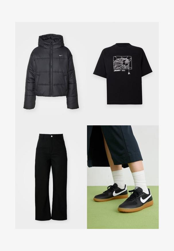 Juodas pūkinis švarkas, pagamintas iš nailono, su užtrauktuku šone, gobtuvu ir dviem priekiniais kišenėmis. Dizainas apima siūtas dalis ir mažą logotipą.; Juodas medvilnės marškinėliai su trumpomis rankovėmis. Priekyje yra balta voratinklio grafika ir logotipas. Paprastas apvalus iškarpymas.; Juodos aukštai liemens, tiesios kojos kelnės su priekinėmis kišenėmis, diržo kilpomis ir sidabriniu mygtuko užsegimu ant balto fono.; Juodos odinės ir sintetinių medžiagų sportbačiai su balta Nike swoosh, guminis padas, apvalus pirštas ir juodi raišteliai. Matomos banguotos baltos kojinės.