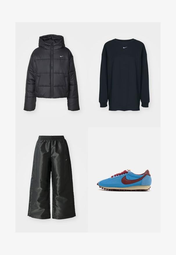 Jachetă puffer neagră din nailon, cu fermoar în față, glugă și două buzunare frontale. Designul include secțiuni cusute și un mic logo.; Tricou negru cu mânecă lungă din bumbac, cu guler rotund. Prezintă un logo alb Nike pe piept. Textură moale, design simplu.; Pantaloni sportivi negri dintr-un material lucios si neted, dotati cu o talie elastica, picioare late si un logo mic pe partea stanga.; Adidași din plasă albastră și ante cu accente și șireturi maronii. Prezintă un material texturat pe partea superioară și o talpă din cauciuc crem cu mici cuie.