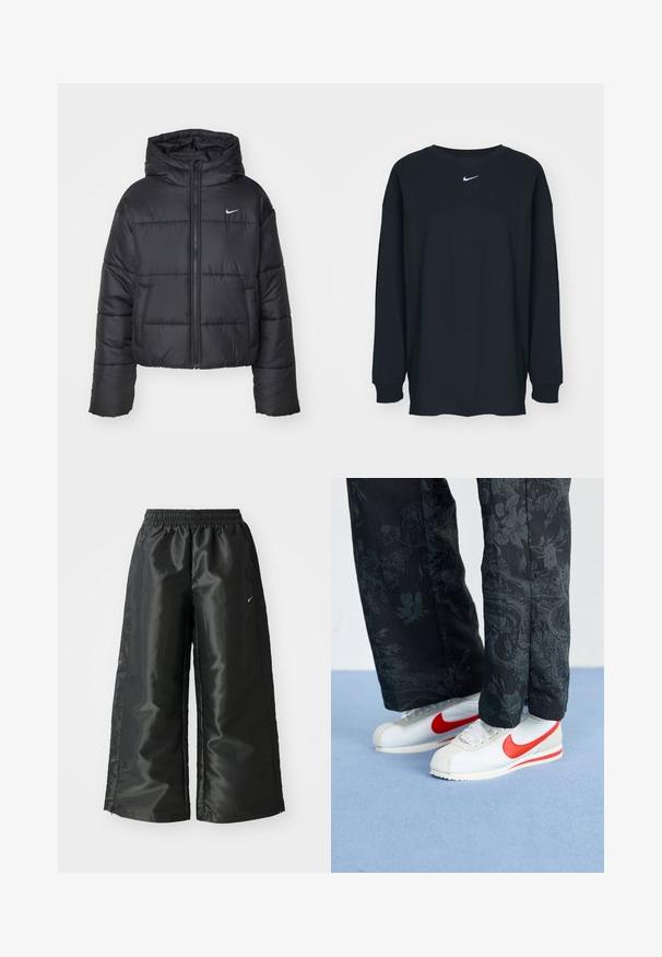Chaqueta de plumas negra hecha de nailon, con cierre de cremallera frontal, capucha y dos bolsillos delanteros. El diseño incluye secciones cosidas y un pequeño logotipo.; Camiseta negra de manga larga hecha de algodón con cuello redondo. Presenta un logo blanco de Nike en el pecho. Textura suave, diseño sencillo.; Pantalones deportivos negros de tejido brillante y suave, con una cinturilla elástica, pierna ancha y un pequeño logo en el lado izquierdo.; Zapatillas Nike blancas con acentos rojos, combinadas con pantalones negros con un patrón floral. La textura es suave con una suela de trenza plana.