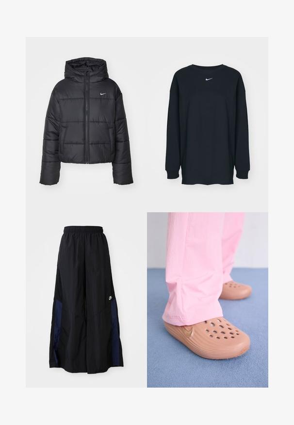 Svart boblejakke laget av nylon, med glidelås i front, hette og to frontlommer. Designet inkluderer sydd seksjoner og en liten logo.; Svart langermet T-skjorte laget av bomull med rund hals. Har en hvit Nike-logo på brystet. Myk tekstur, enkelt design.; Svarte vide bukser laget av lett stoff, med et marineblått sidestykke og elastisk midjebånd. Liten hvit logo nederst.; Nike-klip klip i beige plast med perforeringer, teksturerte sider og en gull swoosh. Bært med rosa bukser på et blått gulv.