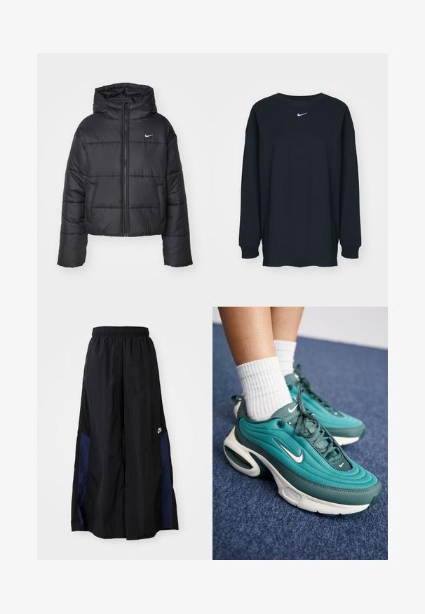 Fekete pehelydzseki, amely nejlonból készült, elöl cipzárral, kapucnival és két elülső zsebbel rendelkezik. A dizájnja varrott részeket és egy kis logót tartalmaz.; Fekete, hosszú ujjú pamut póló kerek nyakkivágással. Fehér Nike logó található a mellrészen. Puha tapintás, egyszerű design.; Fekete, bő szárú nadrág könnyű anyagból, tengerészkék oldalsó panellel és elasztikus derékkal. Kicsi fehér logó az alján.; Türkiz Nike sportcipők, texturált felsőrésszel, sima részletekkel és légpárnás fehér talppal. Ribbed fehér zoknik látszanak.
