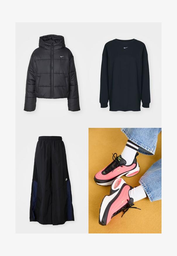 Black puffer jacket made of nylon, featuring a zip front, hood, and two front pockets. The design includes stitched sections and a small logo.; Black long-sleeve T-shirt made of cotton with a crew neckline. Features a white Nike logo on the chest. Soft texture, simple design.; Black wide-leg pants made of lightweight fabric, featuring a navy blue side panel and an elastic waistband. Small white logo on bottom.; Black and pink sneakers with wavy design, featuring white sole and visible air unit, complemented by black laces and green accents.