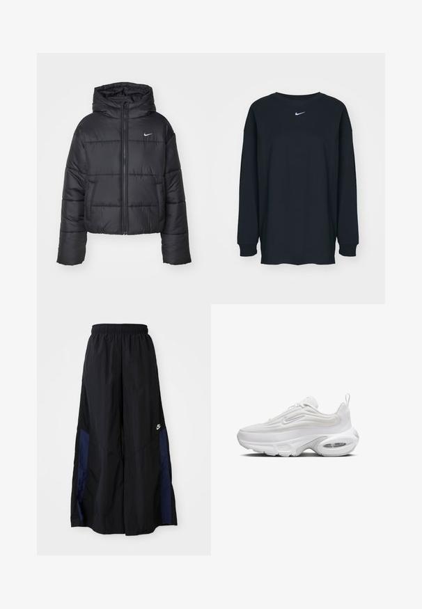 Crna puf jakna izrađena od najlona, s patentnim zatvaračem sprijeda, kapuljačom i dva prednja džepa. Dizajn uključuje šivene dijelove i mali logo.; Crna dugih rukava majica od pamuka s okruglim izrezom. Sadrži bijeli Nike logo na prsima. Mekana tekstura, jednostavan dizajn.; Crne hlače širokih nogavica izrađene od lagane tkanine, sa tamnoplavim bočnim panelom i elastičnom stražnjom trakom. Mali bijeli logo je na dnu.; Bijeli tenisi s valovitim gornjim dizajnom, teksturiranom tkaninom, mekanom potplatom i vidljivom zračnom jedinicom. Ima čipkastu prednju stranu i držak.
