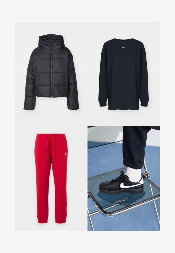 Musta puhallettava takki, joka on valmistettu nylonsesta, varustettu vetoketjukiinnityksellä, hupulla ja kahdella etutaskulla. Suunnittelussa on brodeerattuja osia ja pieni logo.; Mustapaita, jossa on pitkät hihat ja pyöreä kaula-aukko, valmistettu puuvillasta. Rinnassa valkoinen Nike-logo. Pehmeä rakenne, yksinkertainen muotoilu.; Punaiset puuvillaiset collegehousut, joissa on nauhavyötärö, elastiset hihnat ja valkoinen logo vasemmassa reidessä. Silkkinen materiaali, normaali leikkaus.; Mustat Nike-tennarit valkoisilla yksityiskohdilla, joissa on sileä nahkapinta, nauhakiinnitys ja pyöreä varvas, aseteltuna lasituolille.