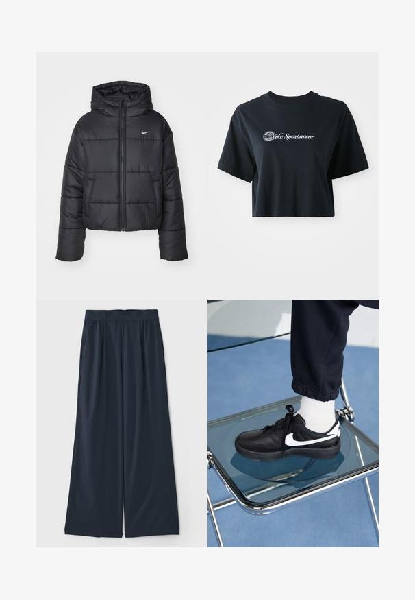 Musta puhallettava takki, joka on valmistettu nylonsesta, varustettu vetoketjukiinnityksellä, hupulla ja kahdella etutaskulla. Suunnittelussa on brodeerattuja osia ja pieni logo.; Mustat puuvillaiset t-paidat, joissa on lyhyet hihat, etupuolella valkoiset tekstit "Vice Sportswear" ja ympyräkuvio.; Tummansinisiä leveälahkeisia housuja, jotka on valmistettu pehmeästä kankaasta; niissä on joustava vyötärö ja kaksi sivutaskua käytännöllisyyden vuoksi.; Mustat Nike-tennarit valkoisilla yksityiskohdilla, joissa on sileä nahkapinta, nauhakiinnitys ja pyöreä varvas, aseteltuna lasituolille.
