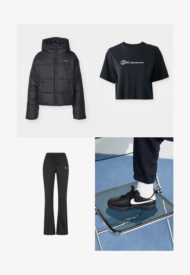 Jachetă puffer neagră din nailon, cu fermoar în față, glugă și două buzunare frontale. Designul include secțiuni cusute și un mic logo.; Tricou negru din bumbac, scurt, cu mâneci scurte, având text alb "Vice Sportswear" și un grafic circular pe față.; Pantaloni negri evazați cu un brâu adunat, fabricați dintr-un material moale și elastic. Prezintă un mic logo alb pe partea stângă.; Adidași negri Nike cu accente albe, cu o textură de piele netedă, design cu șireturi și vârf rotunjit, așezați pe un scaun din sticlă.