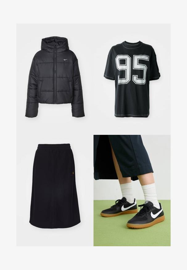 Veste matelassée noire en nylon, avec fermeture éclair sur le devant, capuche et deux poches avant. Le design comprend des sections cousues et un petit logo.; T-shirt en coton noir à manches courtes, avec le numéro imprimé blanc "95" sur le devant et des coutures contrastantes le long des bords.; Jupe midi noire en tissu doux, dotée d'une taille élastique et d'une coupe droite. Comprend un détail de logo subtil en couleur contrastée.; Baskets noires en cuir et synthétique avec le swoosh blanc de Nike, semelle en caoutchouc, bout rond et lacets noirs. Chaussettes blanches côtelées visibles.