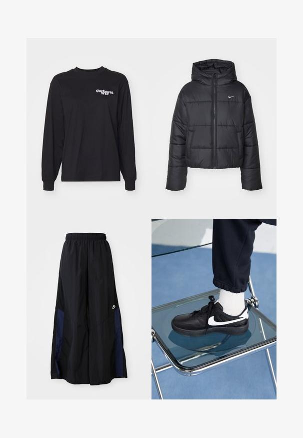 Schwarze Pufferjacke aus Nylon, mit durchgehendem Reißverschluss, Kapuze und zwei Fronttaschen. Das Design umfasst gestickte Abschnitte und ein kleines Logo.; Schwarzes Langarm-T-Shirt aus Baumwolle. Mit einem Rundhalsausschnitt und einem einfachen weißen "Carhartt WIP"-Logo auf der linken Brust. Normale Passform.; Schwarze weit geschnittene Hose aus leichtem Stoff, mit einem dunkelblauen Seitenpanel und einem elastischen Bund. Kleines weißes Logo am unteren Ende.; Schwarze Nike-Sneaker mit weißen Akzenten, die über eine glatte Ledertextur, ein Schnürdesign und eine abgerundete Zehenform verfügen, platziert auf einem Glasstuhl.